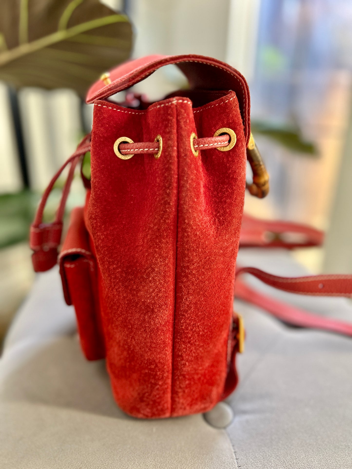 GUCCI Bamboo Suede Mini Backpack Red