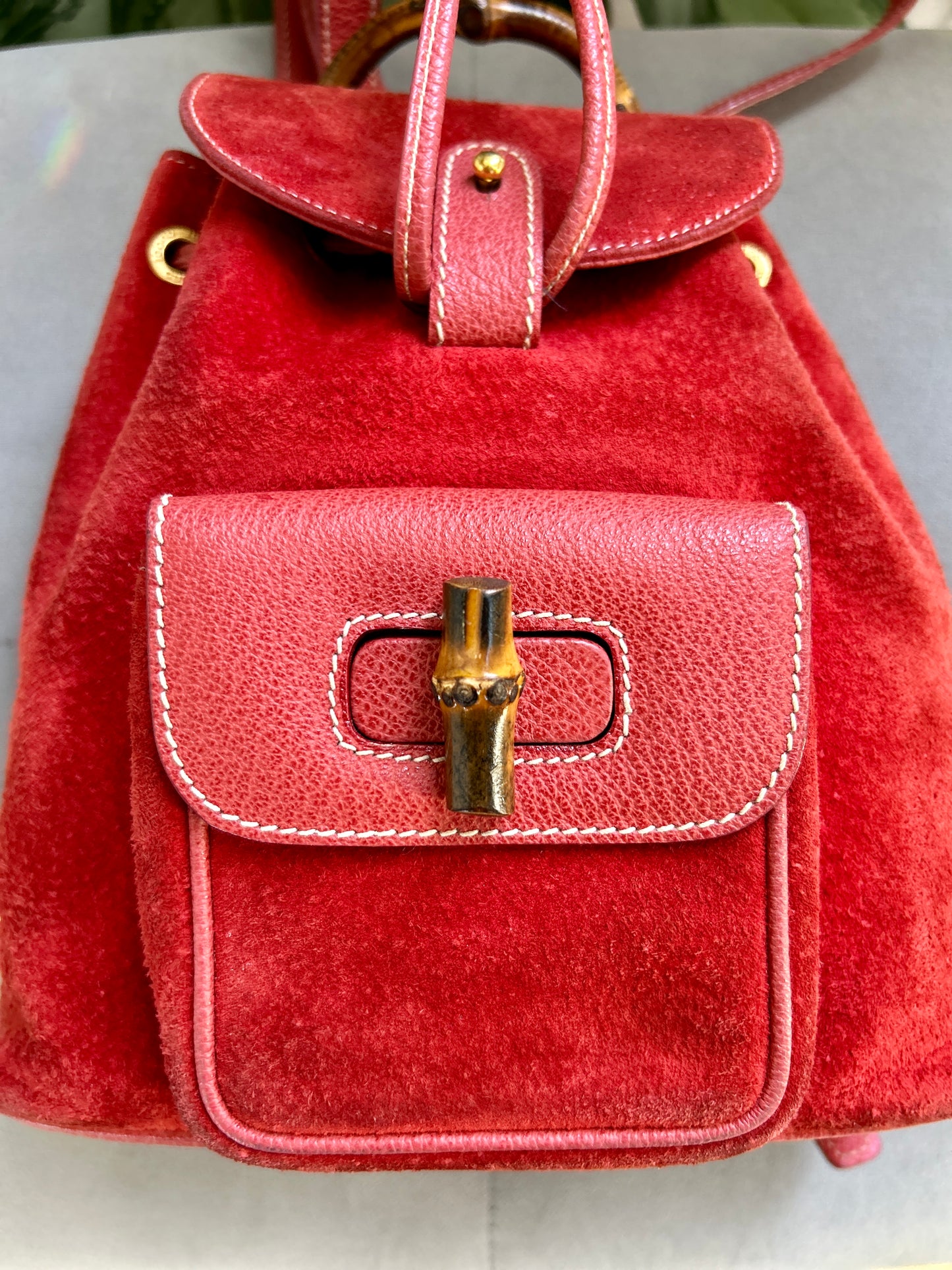 GUCCI Bamboo Suede Mini Backpack Red