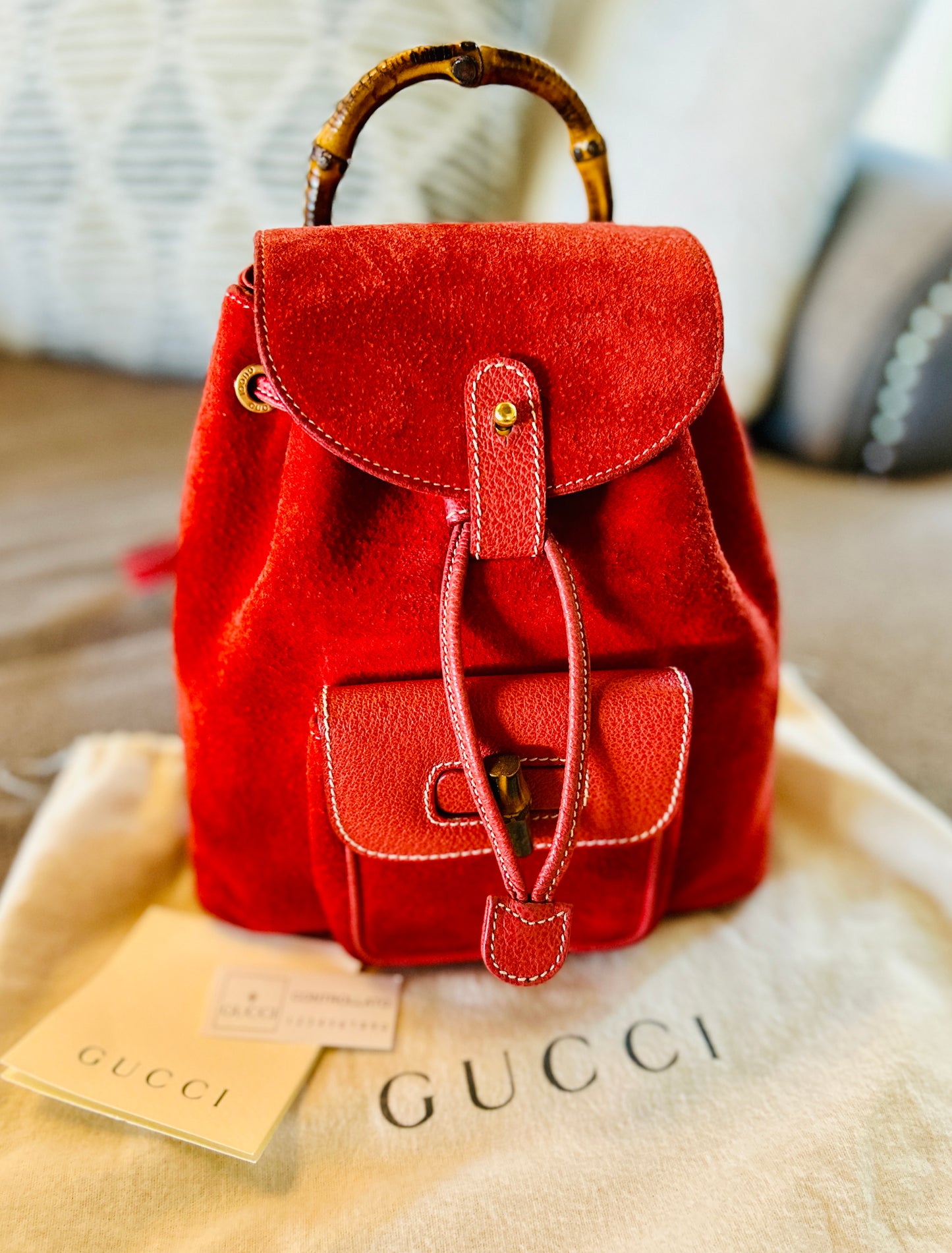 GUCCI Bamboo Suede Mini Backpack Red